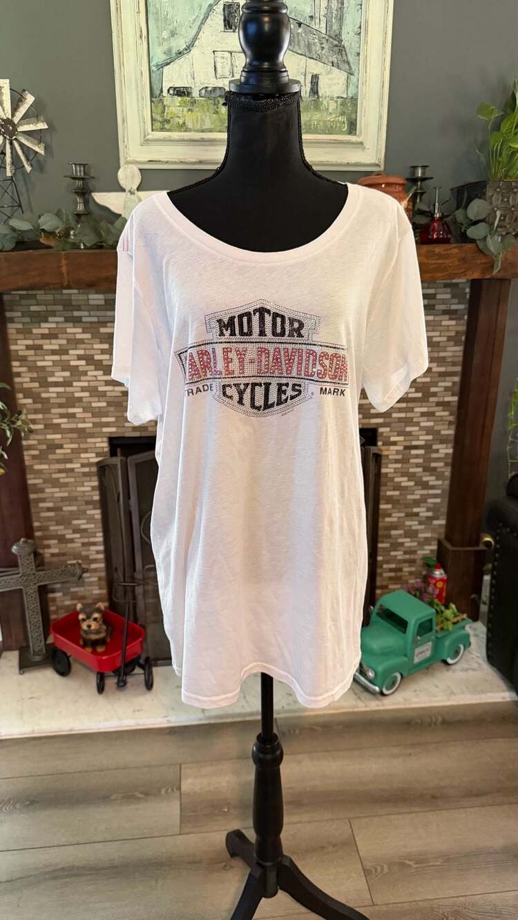 Harley-Davidson Cowboy Austin Texas Rhinestone Embellished White T-Shirt Size 2W